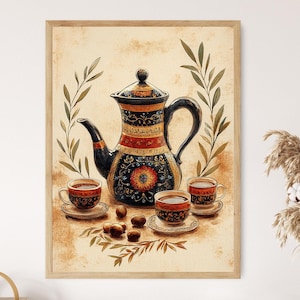 May include: A vintage-style illustration of a blue and gold teapot with intricate designs and four matching teacups filled with brown liquid. The teapot is surrounded by green leaves and brown nuts.