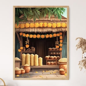 May include: A framed digital art print depicts a traditional market stall. The stall is decorated with orange marigold garlands and has stacks of yellow goods. The scene is set under a thatched roof, with various clay pots and shelves filled with goods.
