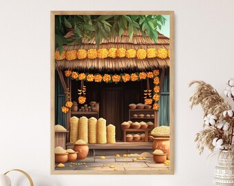 タイの高床式家屋のアートプリント：水に浮かぶ家、蓮の花 - Etsy 日本