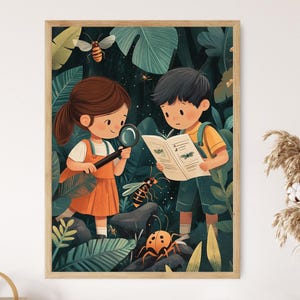 Ilustración infantil de explorador de insectos, póster de ciencia de insectos, arte de aprendizaje de la naturaleza