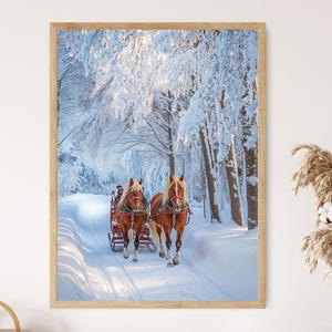 Impresión artística de paseo en trineo tirado por caballos, escena de un país de las maravillas invernal