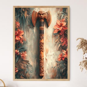 Maori Taiaha War Club Art Print | Indigenous New Zealand Decor Poster with Carvings & Floral Background