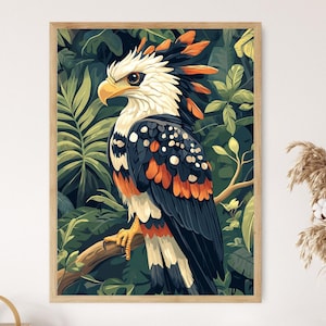 Panamanian Harpy Eagle Illustration, Emberá Tribal Patterns and Rainforest Art Print