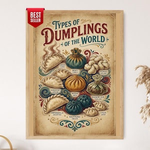 May include: A framed poster titled Types of Dumplings of the World, featuring illustrations of various global dumplings including Jiaozi, Manti, Pierogi, Varenyky, Modak, Khanom Jeeb, Empanadilla, Kroppkaka, and Gyoza, with a red Best Seller tag in the corner.