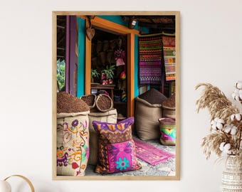 Impresión artística de cafetería colombiana, decoración colorida para cafetería