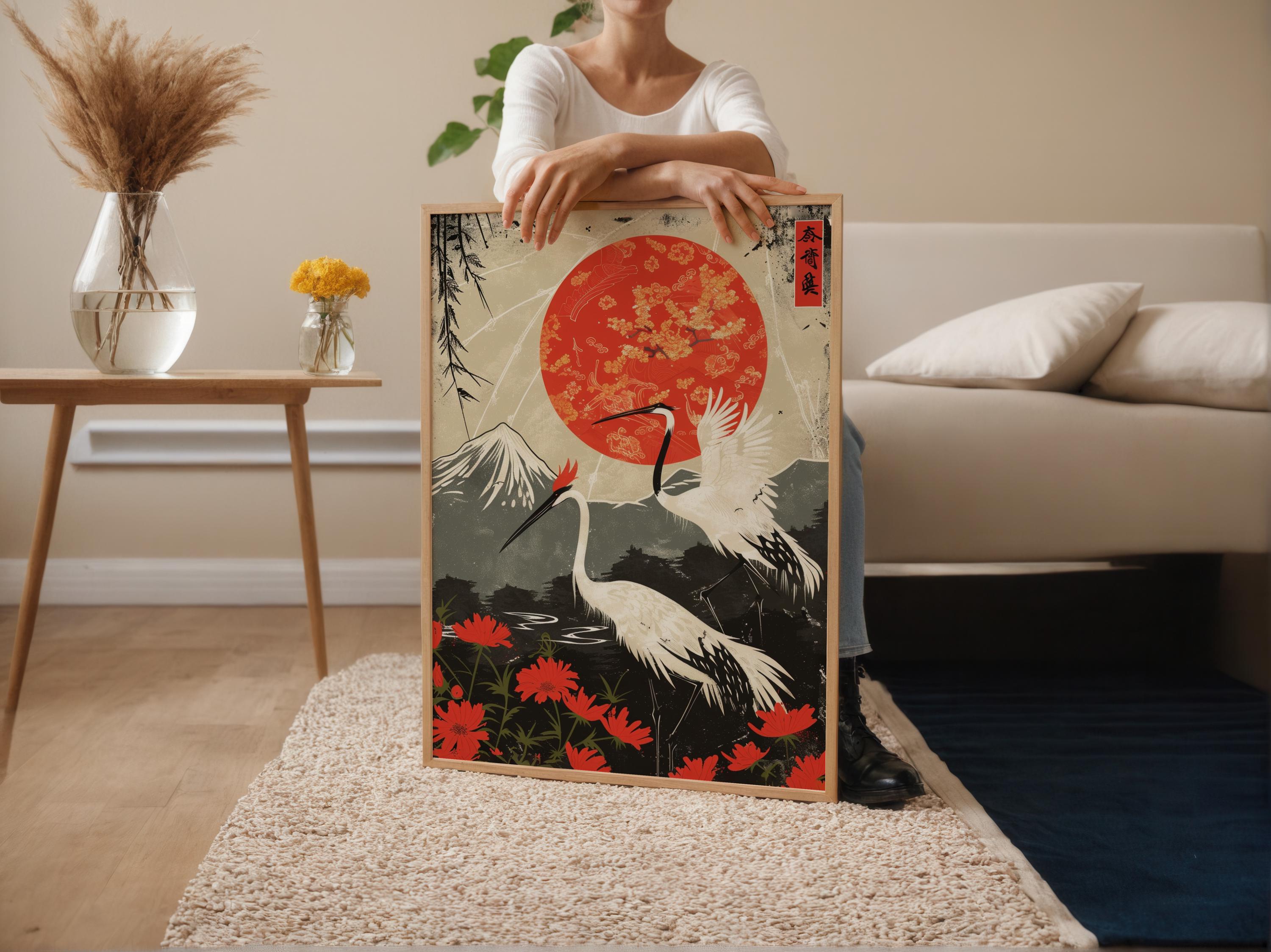 Hanafuda Card Art Print: Japanese Cranes & Floral Design - Etsy
