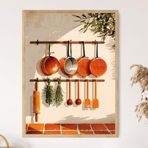Italian Hanging Kitchen Tools, Copper Pots Rolling Pins, Tuscan Farmhouse Fine Art Print
