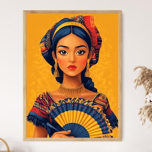 Colombian Woman Illustration, Wayuu Hand Fan, Indigenous Art