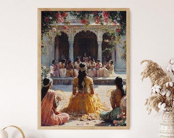 Rajput Queen Art Print: Rajasthani Palace Courtyard with Jewelry, Lehenga and Attendants Painting Poster