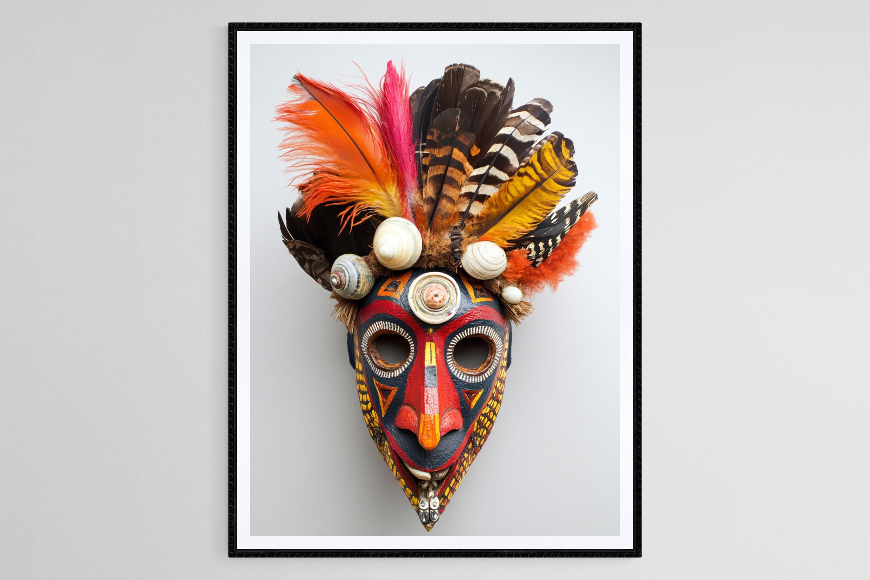 パプアニューギニアのマスク パプアニューギニアの部族マスクのアートプリント、大胆な模様と羽