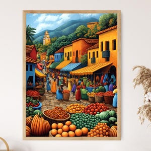 Kenya Marketplace Illustration, Colorful Farm Market Painting, African Fruit Art, Wall Art for Kitchen, African Restaurant Decor