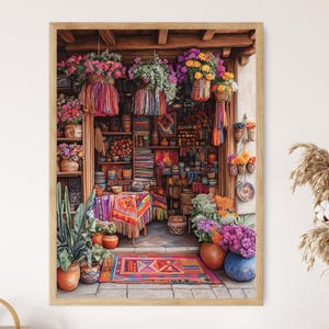 Könnte beinhalten: Ein farbenfrohes Ladeninnere mit gewebten Wandteppichen, hängenden Blumenkörben und einer Vielzahl von bunten Töpferwaren und anderen Waren. Der Laden hat einen rustikalen Holzboden und eine Holzdecke.
