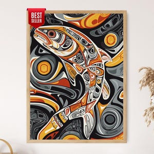 May include: A framed wall art print featuring a stylised fish illustration in a palette of black, white, orange, and grey. The artwork displays intricate geometric patterns and flowing lines throughout the fish and background. A red tag reads BEST SELLER.