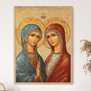 Martha and Mary of Bethany, Byzantine Icon, Christian Religious Art Print