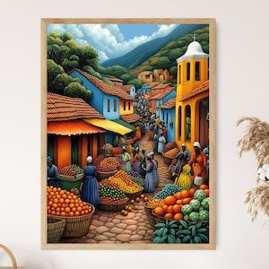 Lesotho Marketplace Illustration, Colorful Farm Market Painting, African Fruit Art, Wall Art for Kitchen, African Restaurant Decor