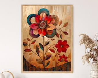 寄木細工風の花柄プリント：シックなボタニカルウォールアート - Etsy 日本