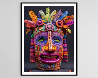 Kleurrijke Vejigante-maskerkunstdruk, Puerto Ricaanse folkloreillustratie