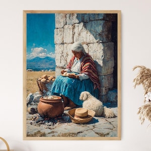 May include: A framed print of a woman in traditional clothing, seated near a stone wall. She is surrounded by a basket of potatoes, a cooking pot, and a small dog. A straw hat rests nearby. The background features a landscape with mountains and a blue sky.