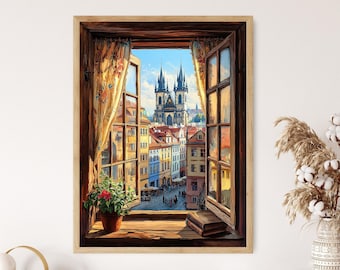 Prague Rustic Window with Old Town View Art Print, Czech Heritage Poster