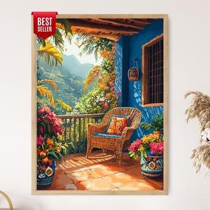 May include: A framed art print of a vibrant outdoor scene. A wicker chair with a patterned cushion sits on a tiled patio. Lush flowers in blue pots and climbing plants adorn the blue walls. The scene overlooks a mountain landscape.