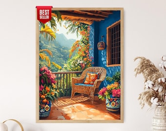 Colombian Patio Art Print, Flores y Wayuu Poster, Vibrant Decor Illustration