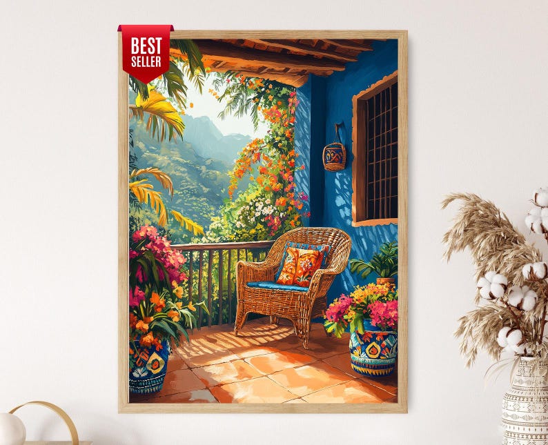 May include: A framed art print of a vibrant outdoor scene. A wicker chair with a patterned cushion sits on a tiled patio. Lush flowers in blue pots and climbing plants adorn the blue walls. The scene overlooks a mountain landscape.