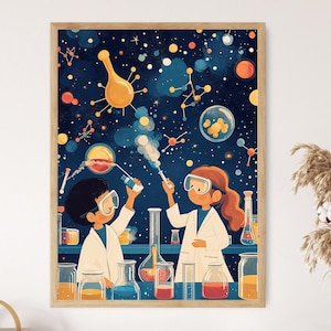 Ilustración infantil de laboratorio de ciencias, póster divertido de química, impresión artística educativa