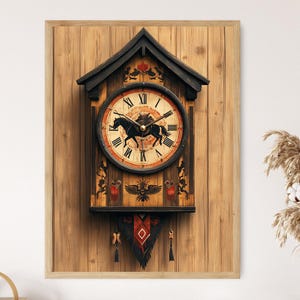 May include: A wooden cuckoo clock with a black roof and a clock face featuring a horse silhouette. The clock has Roman numerals and decorative elements, including an eagle emblem and a patterned pendulum. The clock is mounted on a wooden panel.
