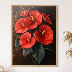 Anthurium Botanical Art Print, Realistic Tropical Flower Painting Poster, Red Flamingo Lily Wall Decor, Lush Indoor Garden Artwork