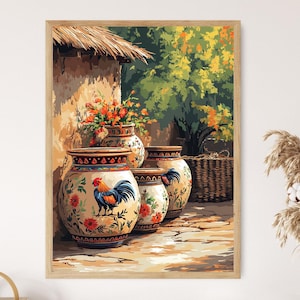 May include: A framed print depicting a sunny outdoor scene with decorative ceramic vases. The vases are decorated with floral and rooster designs in red, blue, and yellow. The background shows a thatched roof and green foliage.