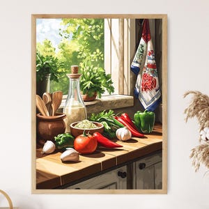 May include: A still life painting of a kitchen counter with a clear glass bottle, a brown ceramic bowl, a bowl of white rice, red peppers, green peppers, garlic, and a red and white patterned dish towel hanging on a window.
