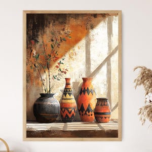African Pottery Illustration | Ceramic Art Print with Geometric Designs and Clay Textures for Cultural Home Decor