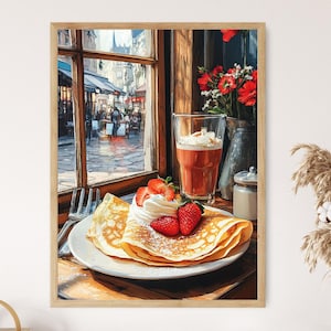 Lámina artística de crepes, postre francés con fresas y crema