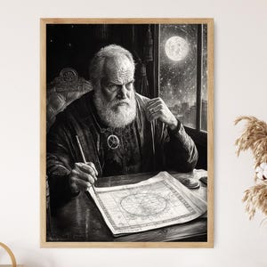 Portret Galileo Galilei, vintage potloodtekening, Celestial Science Art Print