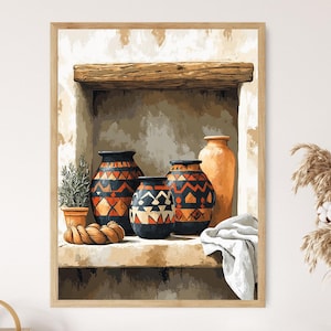 Könnte beinhalten: Gerahmter Kunstdruck mit einem Stillleben aus Keramik. Das Kunstwerk zeigt drei gemusterte Vasen in Schwarz, Orange und Weiß sowie eine hohe orangefarbene Vase. Eine kleine Topfpflanze und ein gedrehtes Seil sind ebenfalls enthalten.