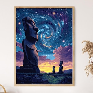 Rapa Nui Moai Sternenhimmel Kunstdruck, Kulturelles Poster der Osterinsel