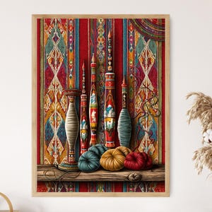 May include: A framed print featuring colorful yarn spools and skeins on a wooden shelf, set against a vibrant patterned backdrop. The spools are adorned with intricate designs, and the yarn is in shades of teal, gold, and red. The artwork is a decorative piece.