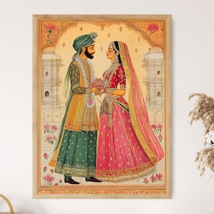 インドの結婚式のミニチュアプリント、アンティークの伝統絵画、文化的芸術作品
