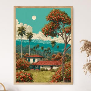 May include: A framed art print depicting a vibrant landscape scene. The artwork showcases a house with a red tile roof, surrounded by lush greenery and palm trees. A tree laden with orange fruit is in the foreground, under a blue sky with a white moon.