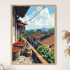 以下が含まれることがあります： 村の風景を描いた額入りのアートプリント。アートワークは、赤い農産物と瓶のバスケットが置かれたバルコニーから、家と赤いタイルの屋根のある通りを見下ろしています。空は青く、ふわふわの白い雲があります。