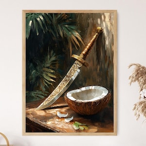 May include: A framed print depicting a decorative dagger with an ornate gold handle and blade, positioned on a wooden surface beside a halved coconut. The background features lush green foliage and a textured, dark backdrop.