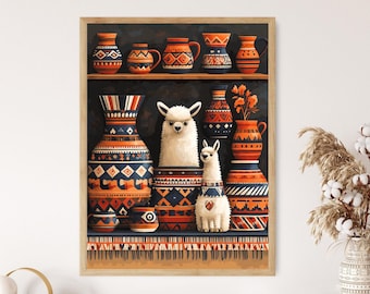 May include: A framed print featuring a collection of decorative vases and two llama figures. The vases are in shades of orange, blue, and white with geometric patterns. The llamas are white with fluffy fur. The artwork has a rustic, bohemian theme.