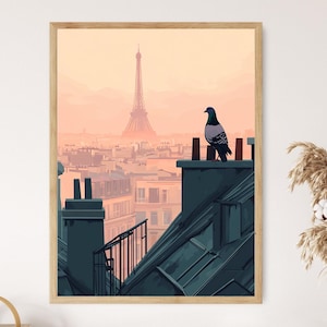 May include: A framed art print depicts a Parisian cityscape at dusk. The Eiffel Tower is visible in the distance, with a pigeon perched on a rooftop. The color palette includes shades of teal, peach, and brown.