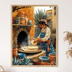 May include: A woman in a colorful dress and headscarf makes flatbread in a rustic outdoor kitchen. She is standing in front of a brick oven and using a wooden paddle to flip the bread. There are clay pots and other kitchen utensils in the background.