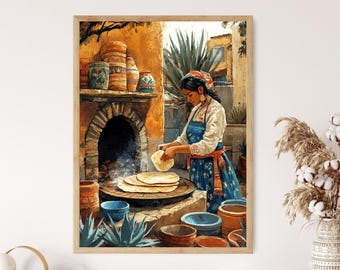 Mexican Woman Cooking Tortillas Illustration, Outdoor Oven Art Print, Mexican Restaurant Decor