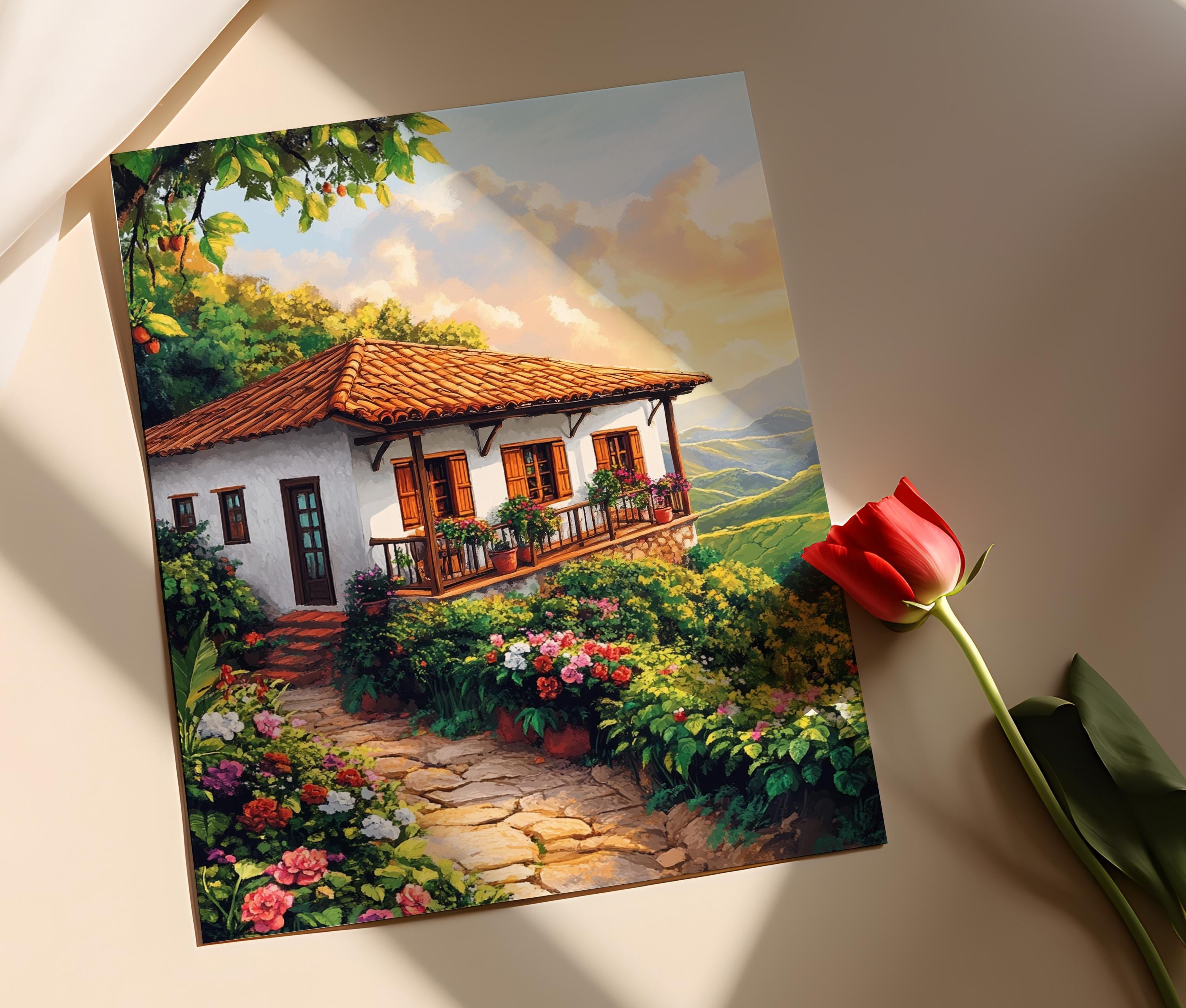 Colombian Coffee Farmhouse Art Print: Rustic Veranda, Heritage