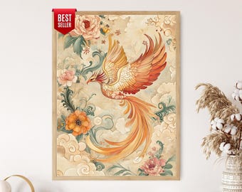 Chinoiserie Phoenix Art Print, Vibrant Feather Design, Mythical Wall Art