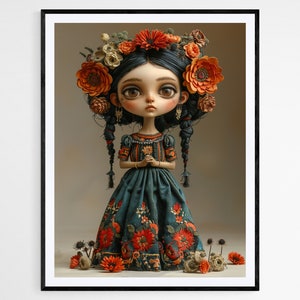 Obra de arte de muñeca de vestir mexicana, impresión de arte popular hecha a mano, ideal para exhibición en la sala de estar, regalo de cumpleaños reflexivo