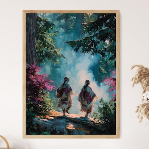 Haida Women Ceremonial Dance Painting, Indigenous Cultural Regalia Art Print, Pacific Northwest Heritage Scene