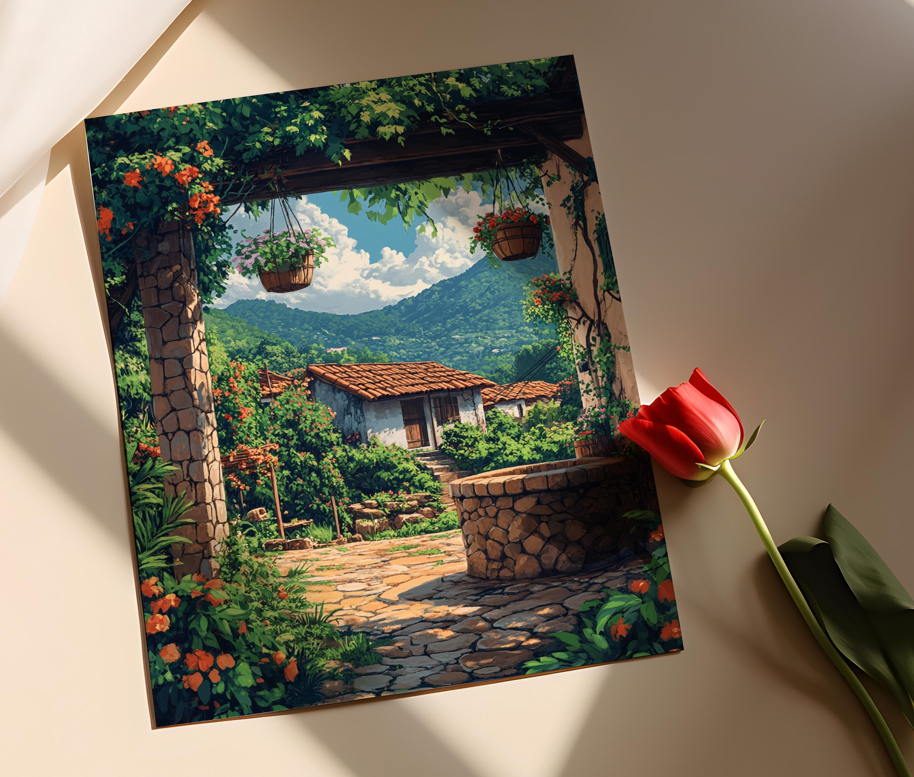 Honduras Stone Well With Flowers Art Print, Rustic Farm Decor - Etsy